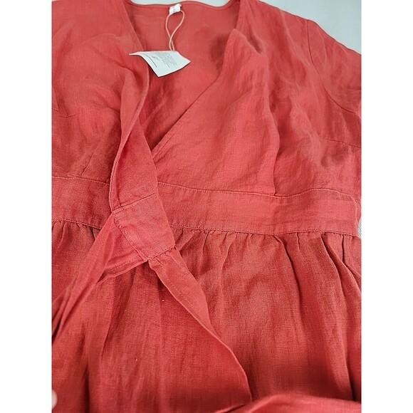 Grae Cove Linen Dress M Orange Wrap Tie Pockets V Neck Praire Cottagecore NEW - Picture 5 of 13